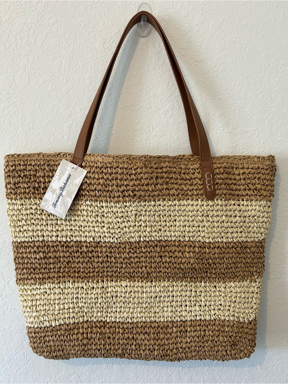 Tommy Bahama Striped Straw Tote Bag with Brown Handles
